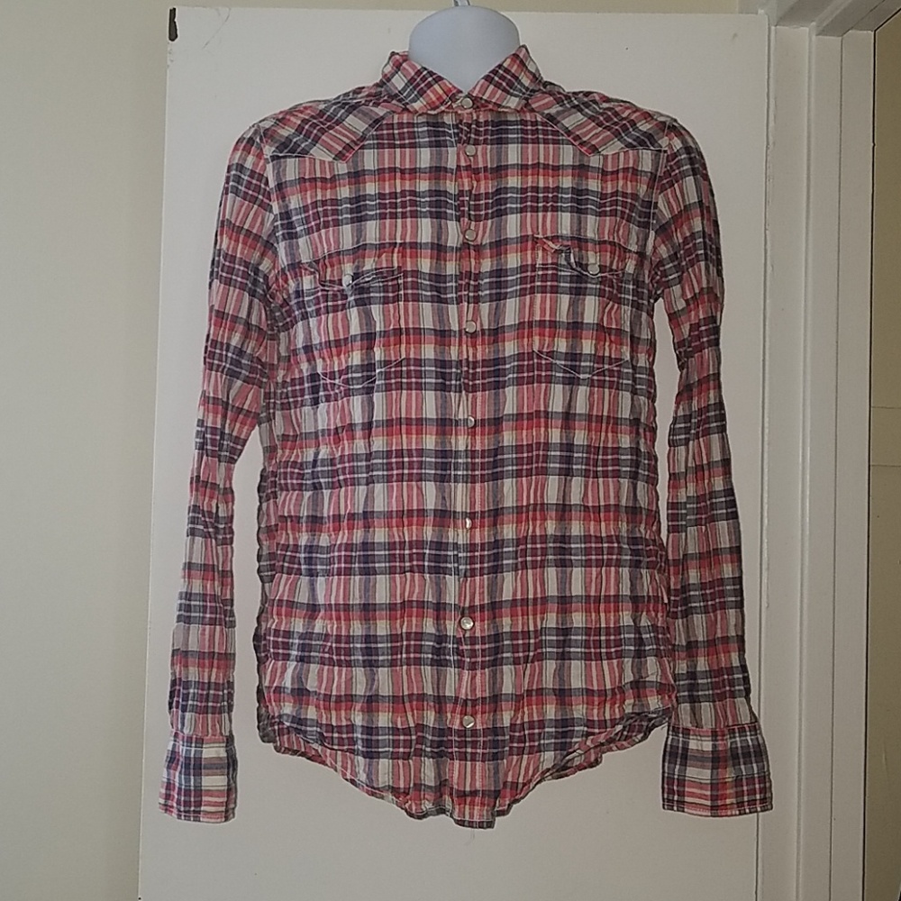 Hugo Boss Orange Plaid Linen Button Down Shirt
